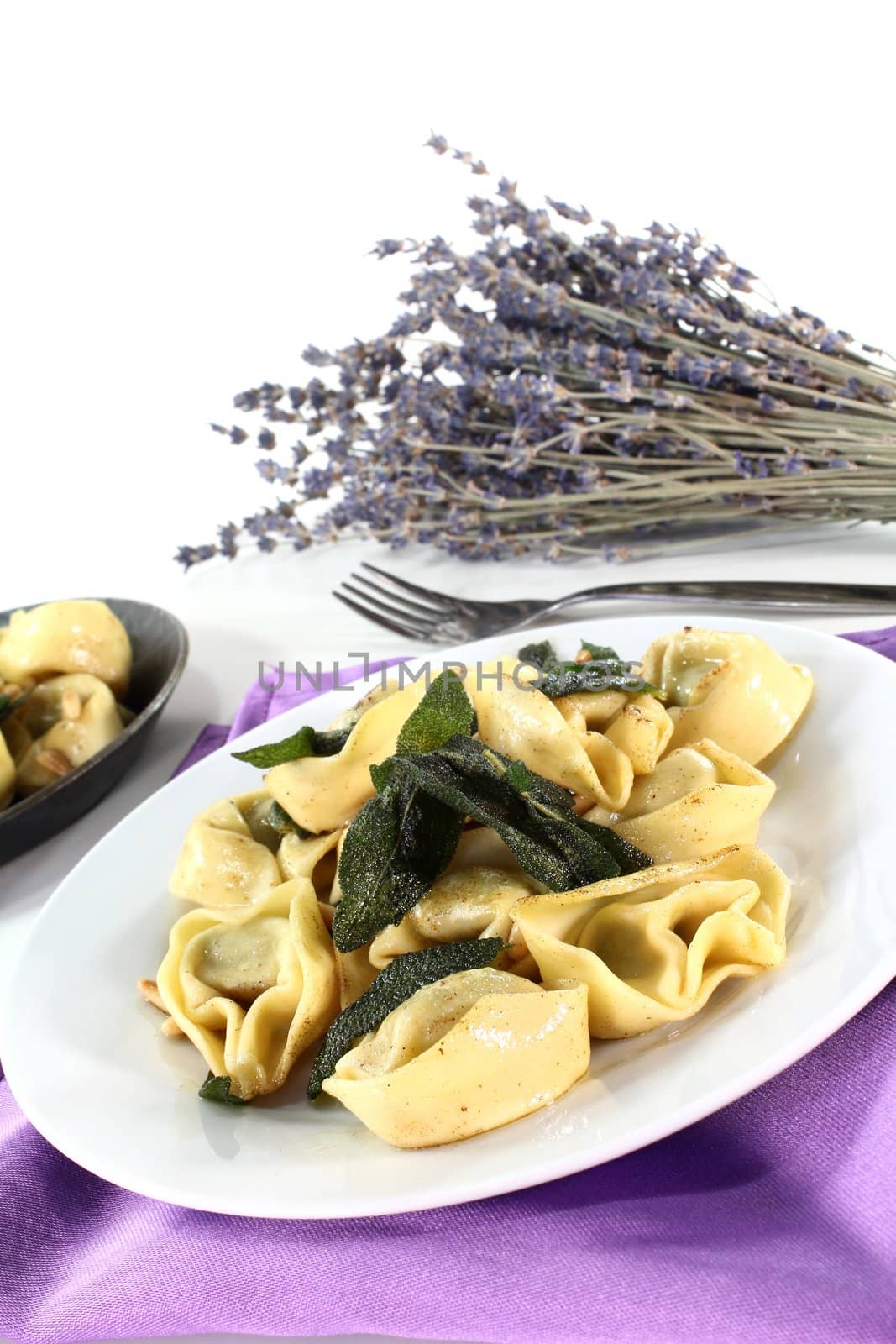 Tortellini with fried sage leaves and pine nuts
