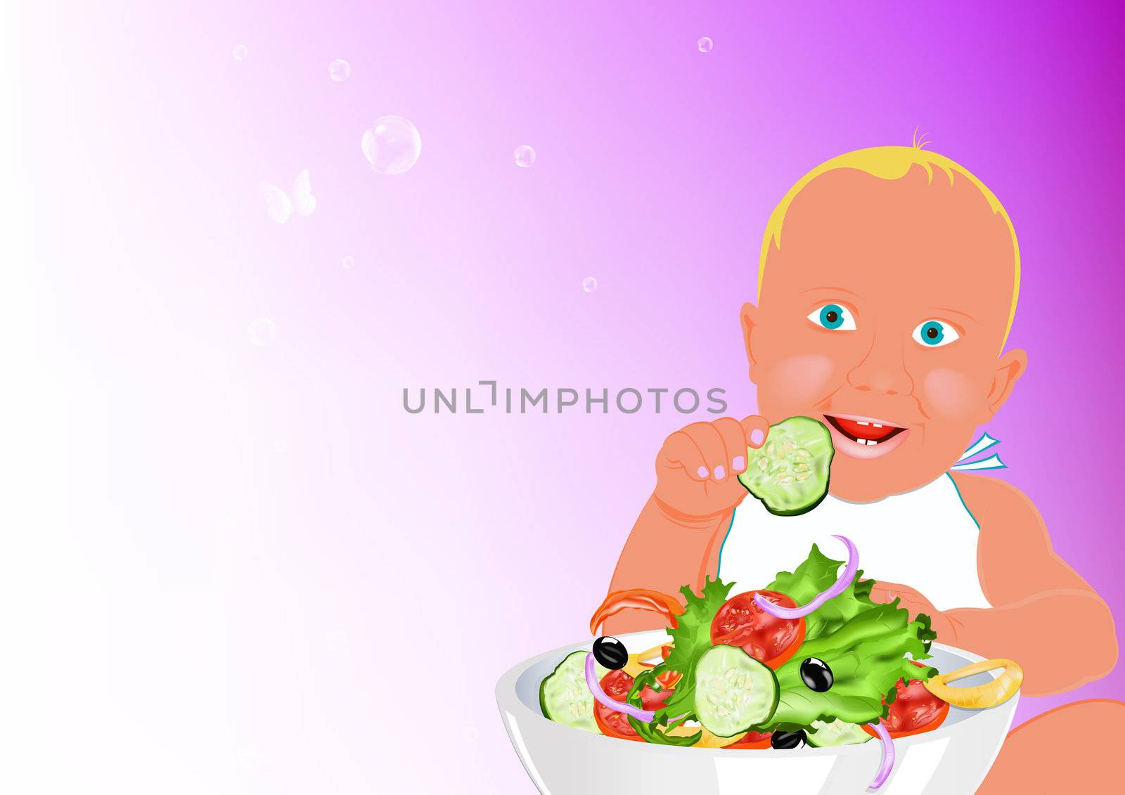 Child and fresh vegetable salad on a abstract pink background by sergey150770SV