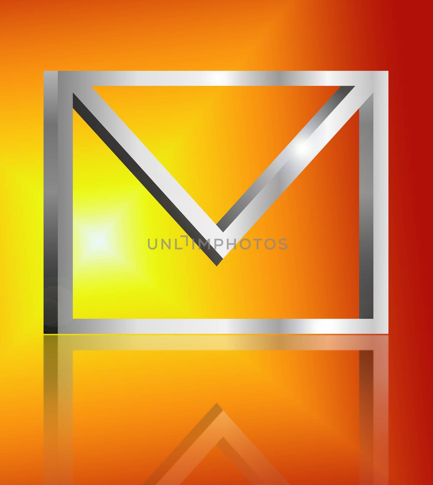 Illustration depicting a single metallic email symbol arranged over golden light effect and reflecting into foreground.
