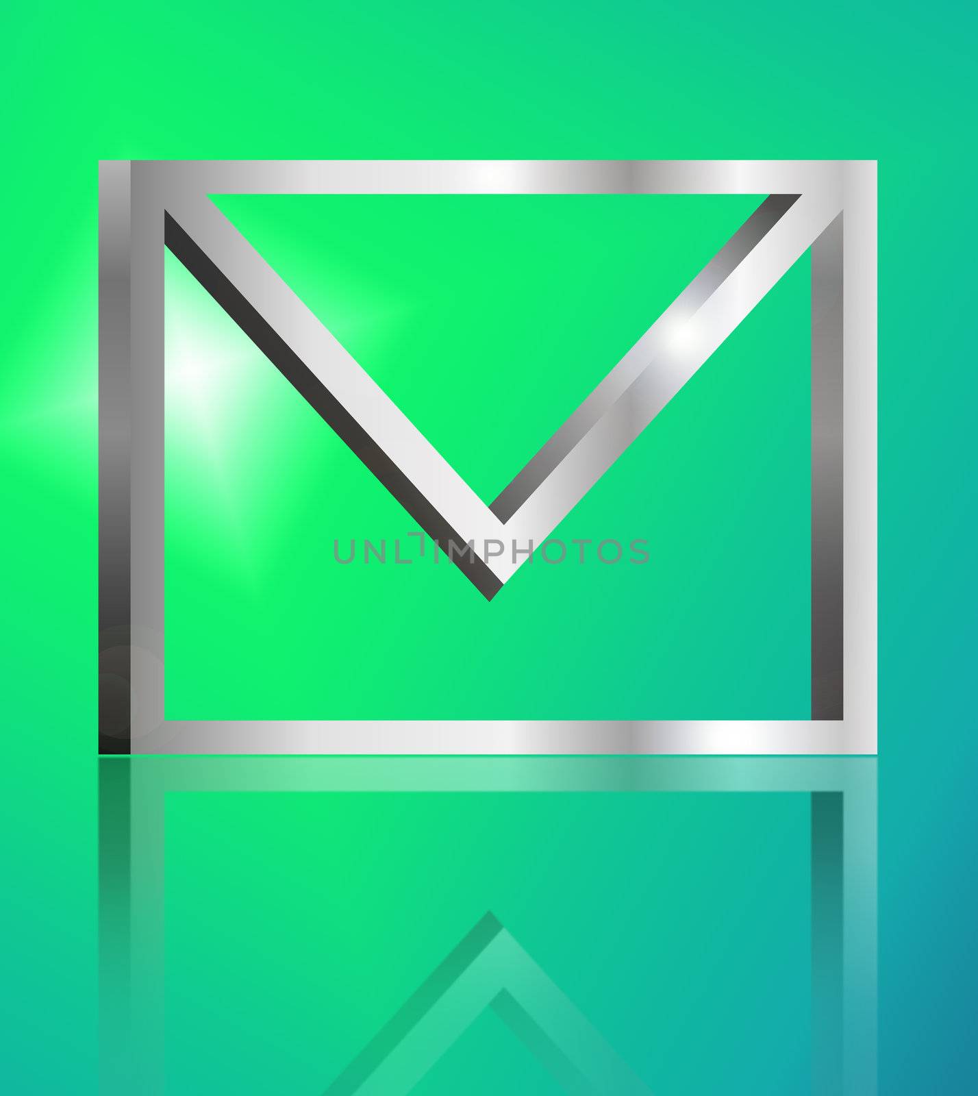 Illustration depicting a single metallic email symbol arranged over green light effect and reflecting into foreground.