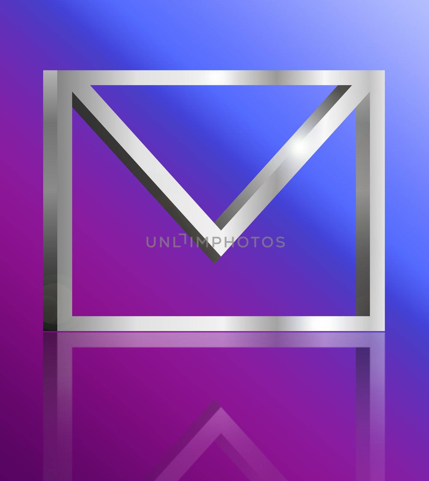 Illustration depicting a single metallic email symbol arranged over blue and pink light gradient and reflecting into foreground.