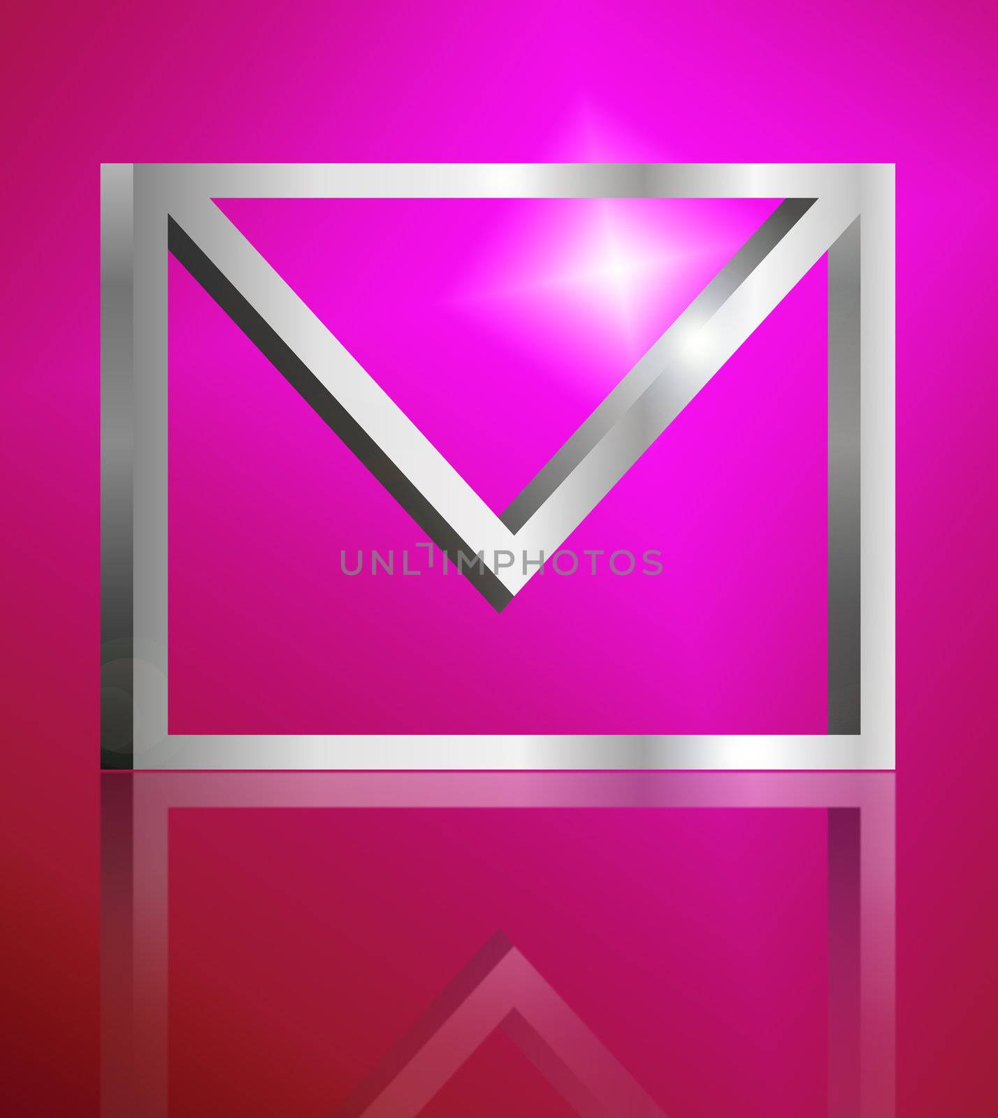 Illustration depicting a single metallic email symbol arranged over pink light effect and reflecting into foreground.