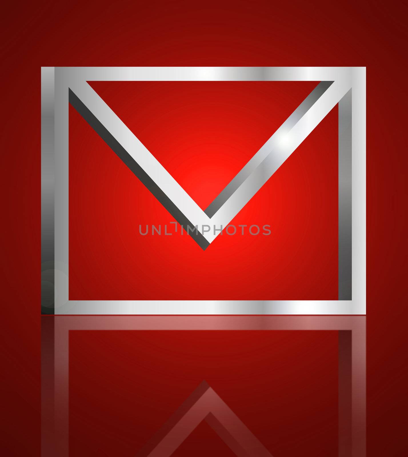 Illustration depicting a single metallic email symbol arranged over red and reflecting into foreground,.