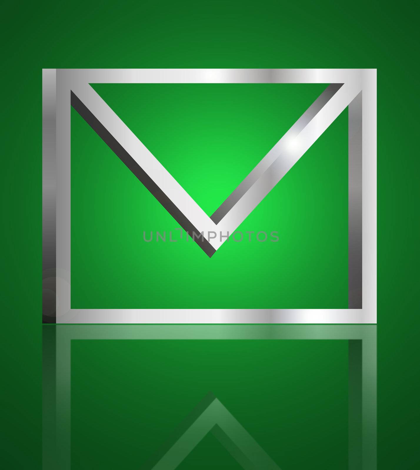 Illustration depicting a single metallic email symbol arranged over green and reflecting into foreground,.