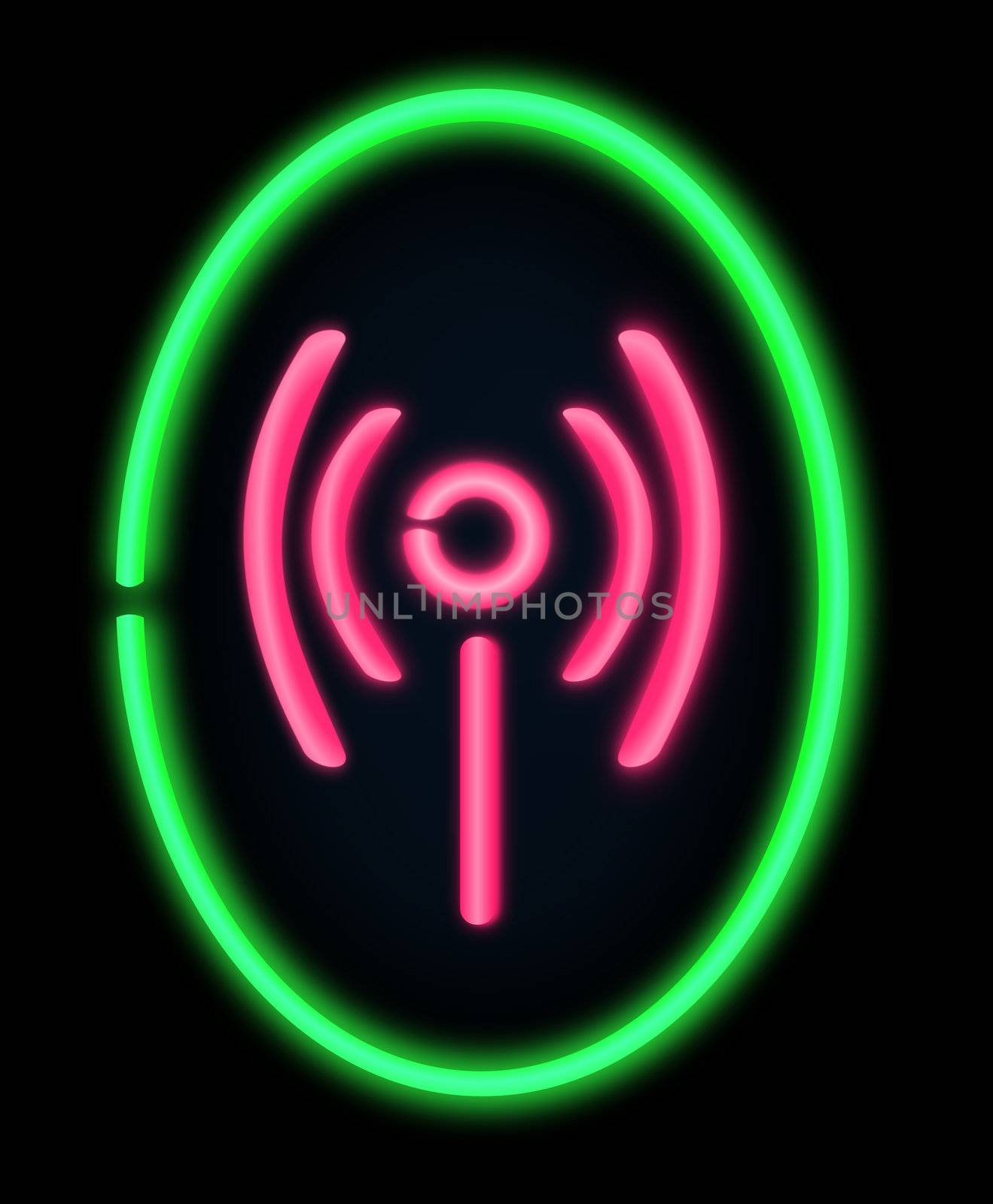 Illustration depicting a illuminated neon sign in the shape of a wireless symbol. Black background.