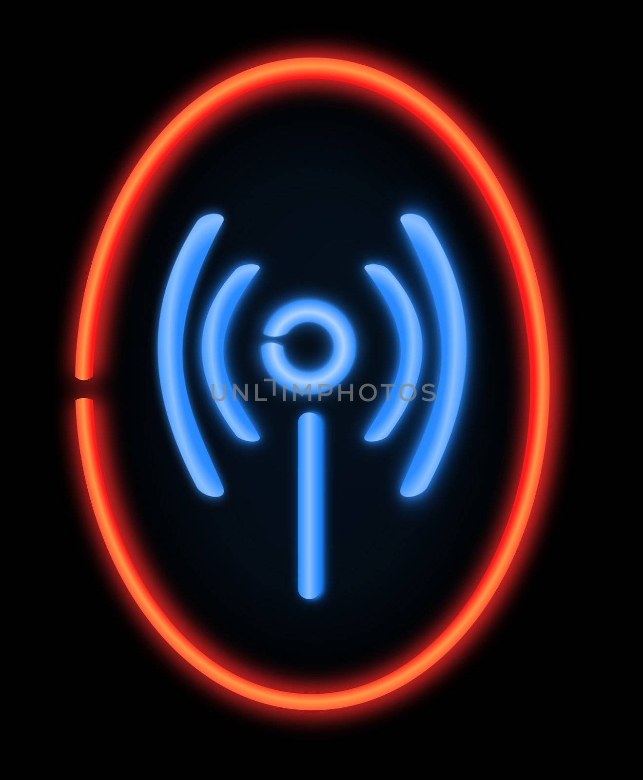 Illustration depicting a illuminated neon sign in the shape of a wireless symbol. Black background.