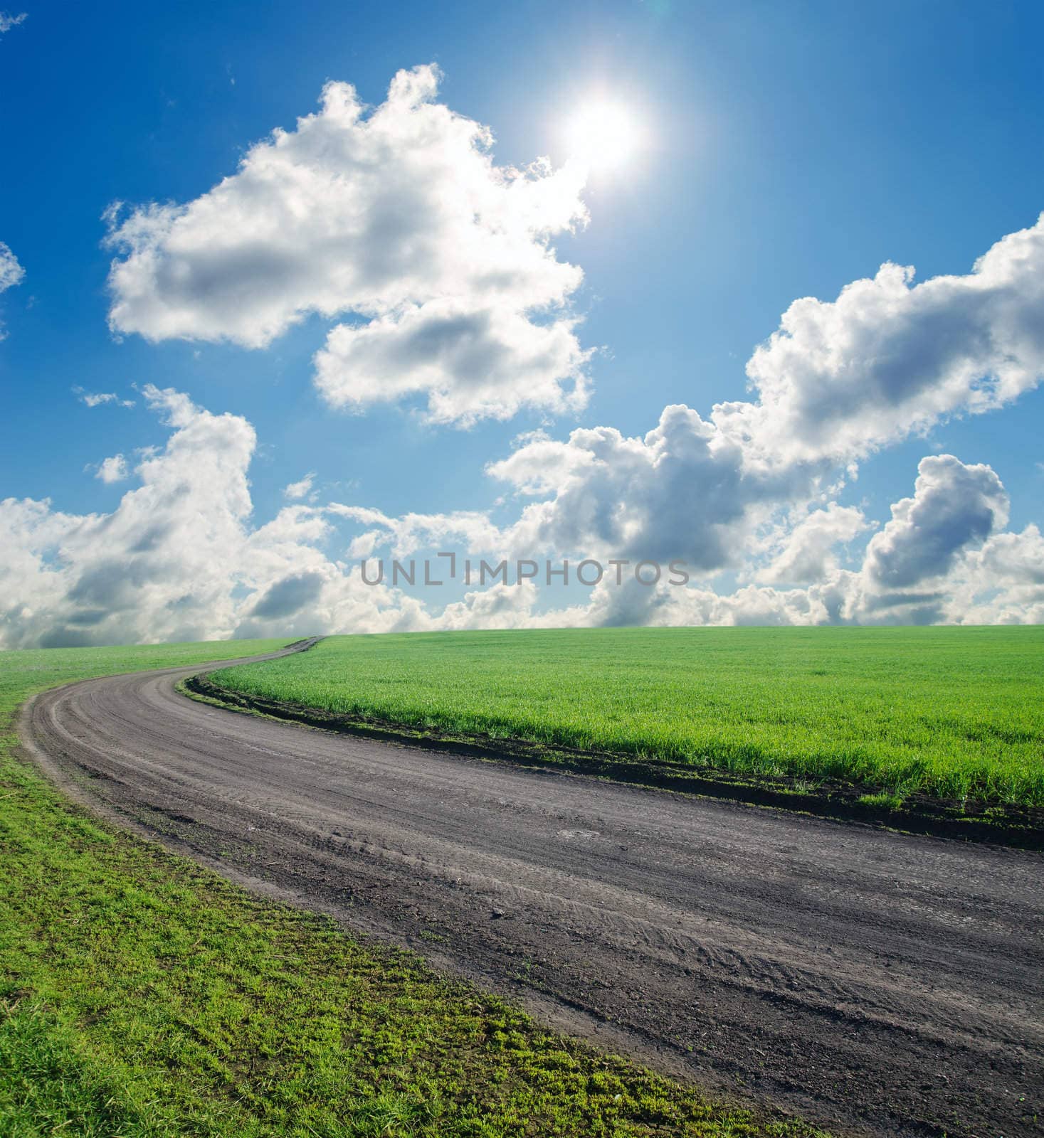 summer landscape with rural road, green field and blue cloudy sky with sun by mycola