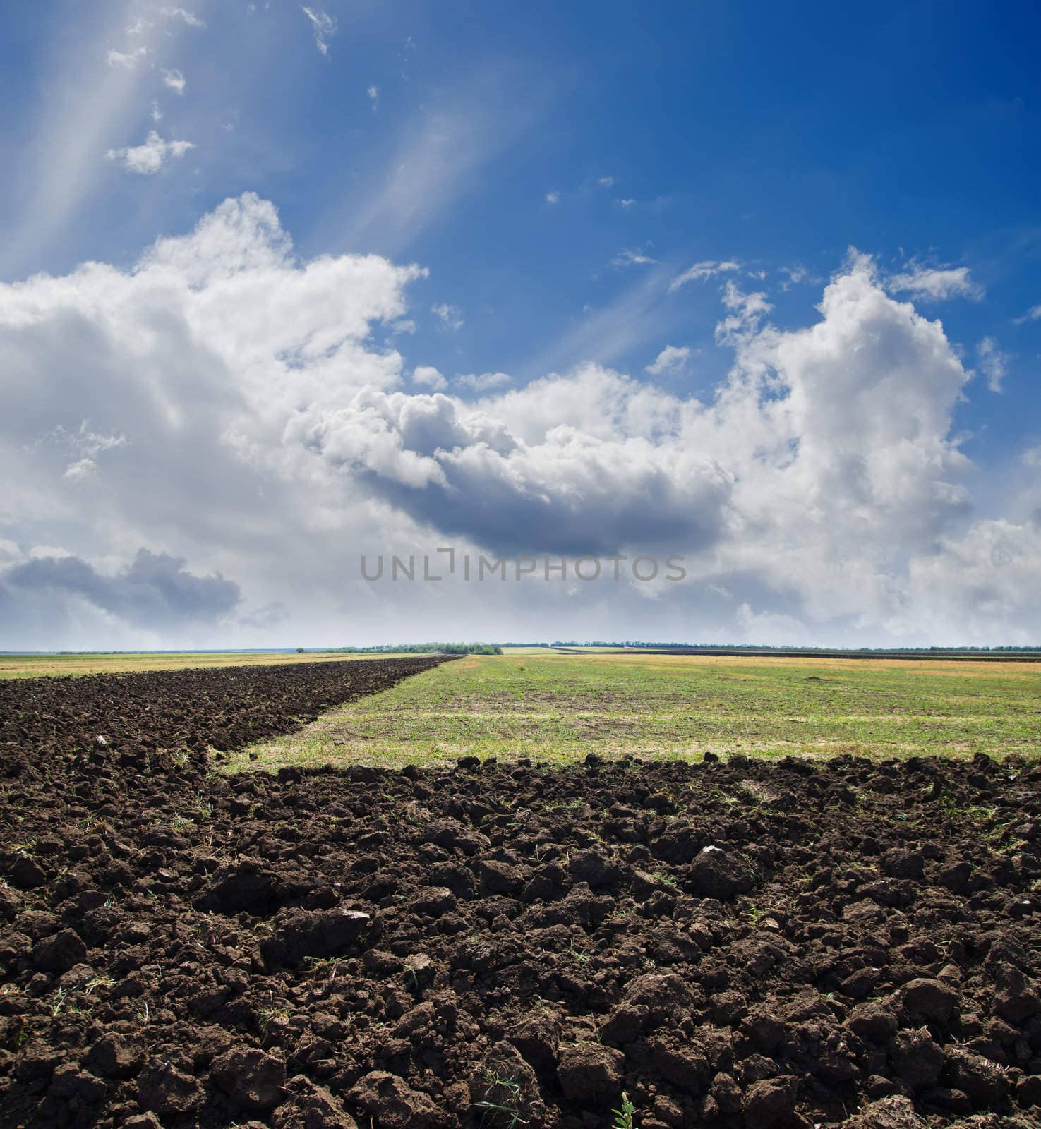 black ploughed field under cloudy sky by mycola