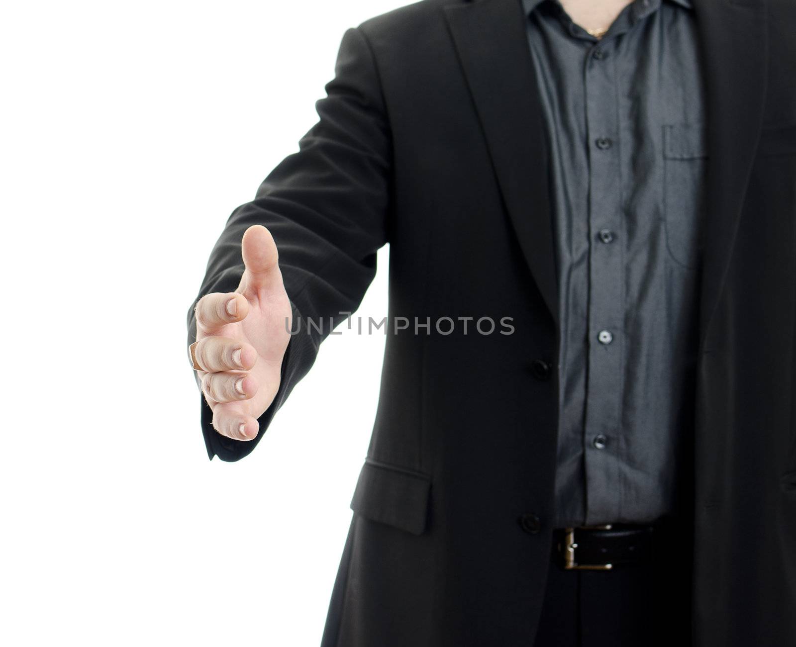 Body of businessman shaking hand, isolated on white background with copy space.