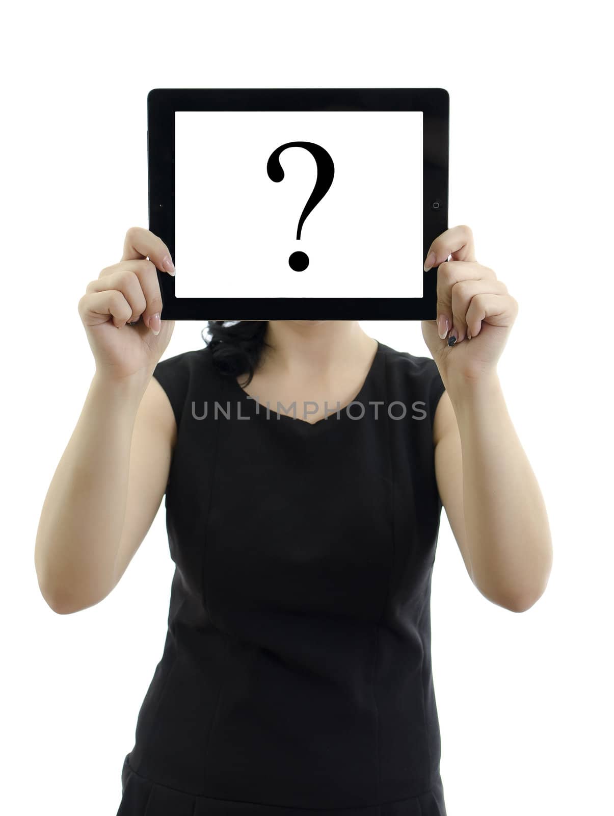 Woman holding tablet pc with question mark. Isolated on white.