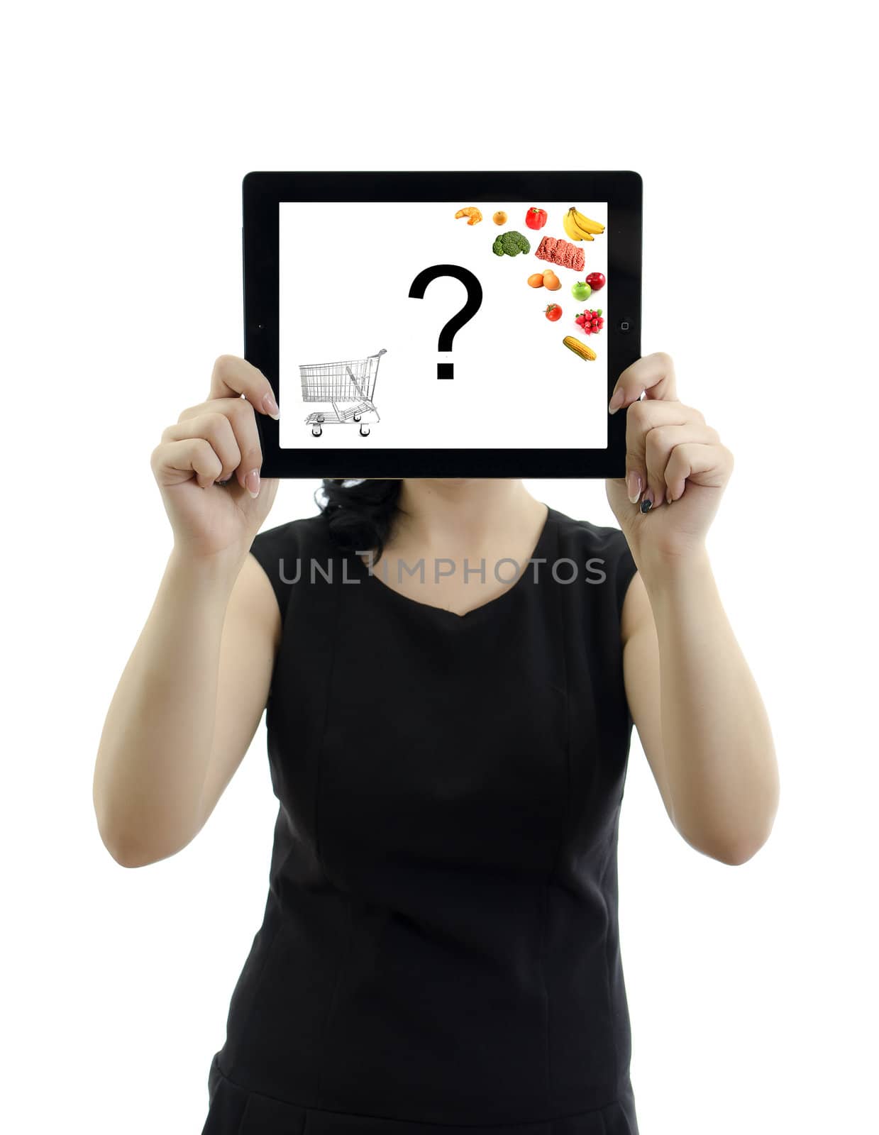 Woman holding tablet pc. Concept: What to buy in market? Isolated on white. Copyspace.