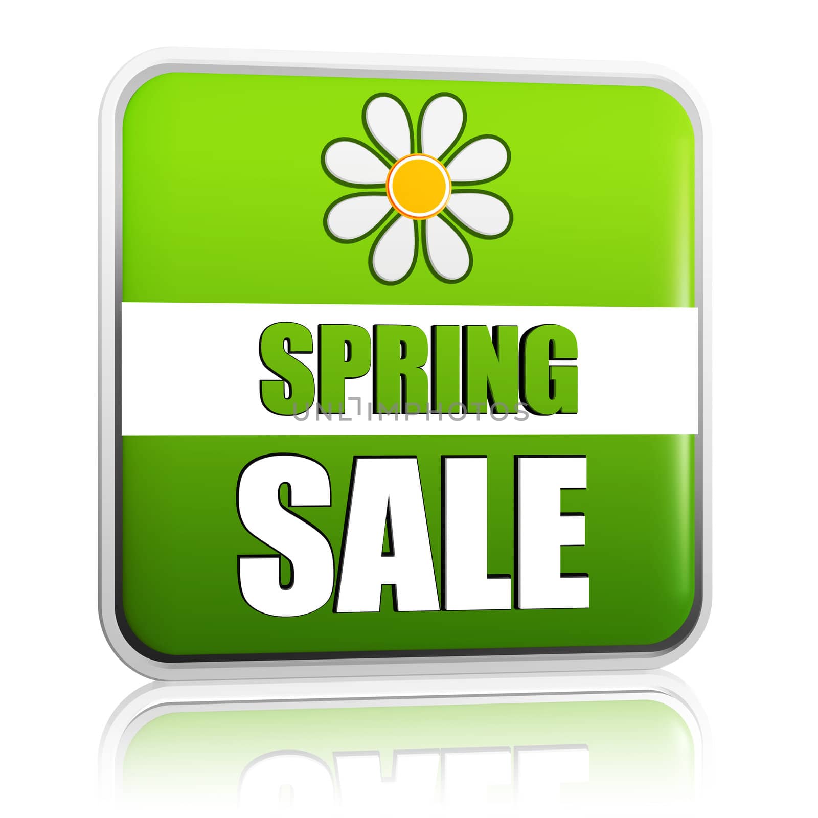 spring sale banner - 3d green label with white text and flower, business concept