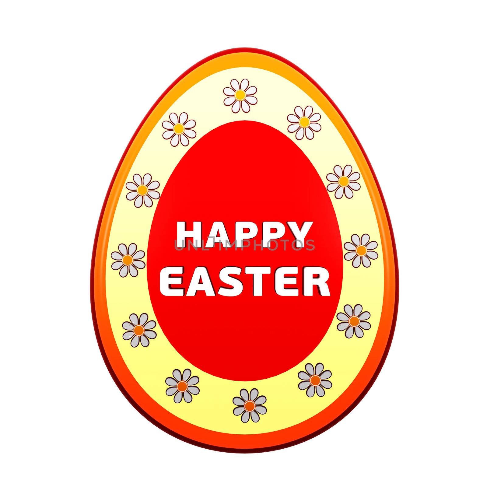 Happy Easter text over 3d easter egg with spring daisy flowers, holiday concept