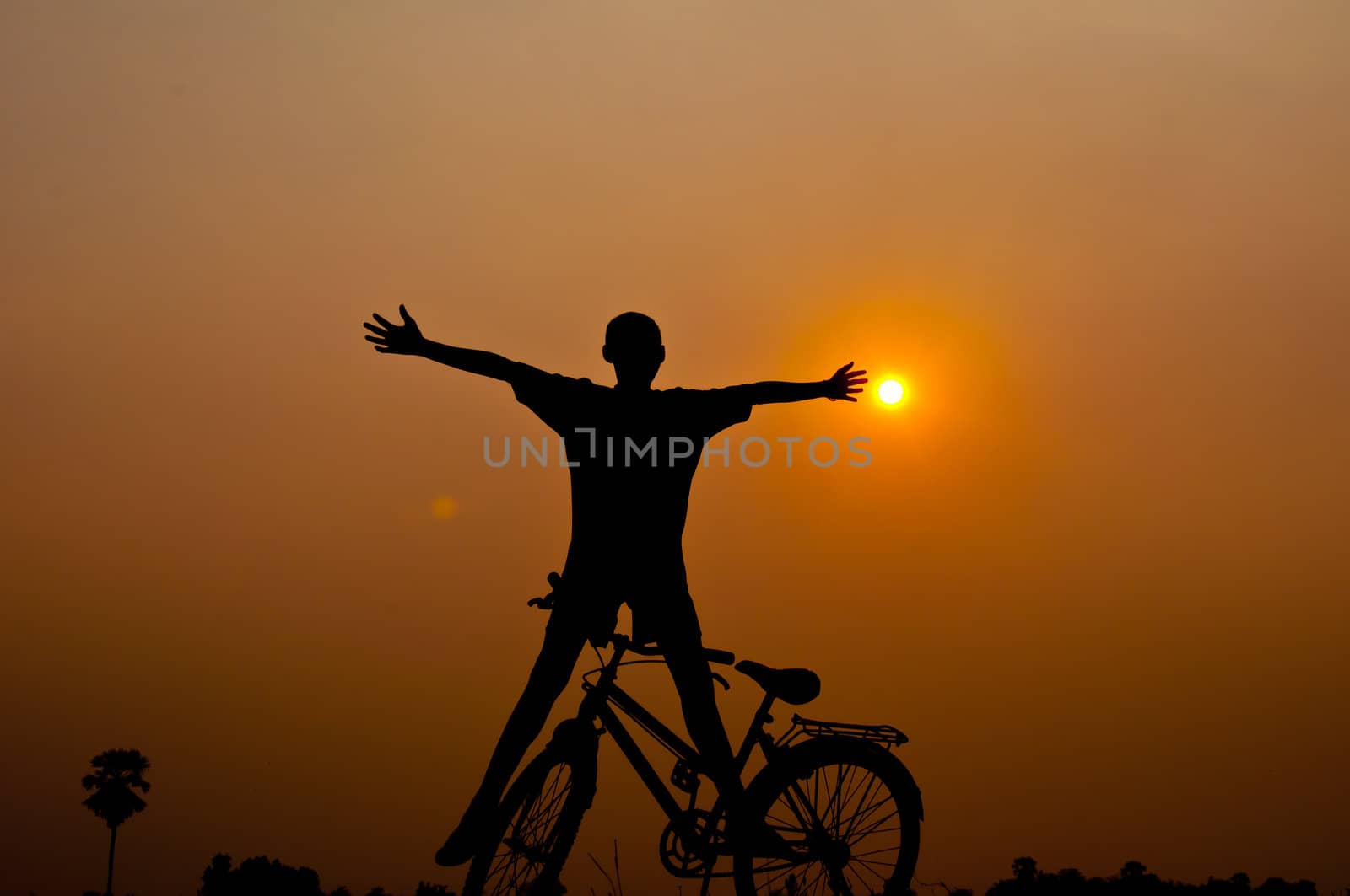 silhouette of boy happy with bicycle