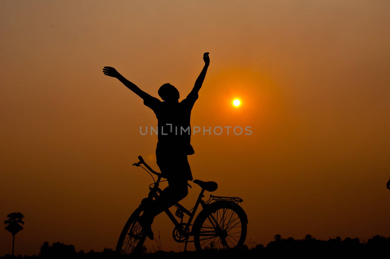 silhouette of boy happy with bicycle