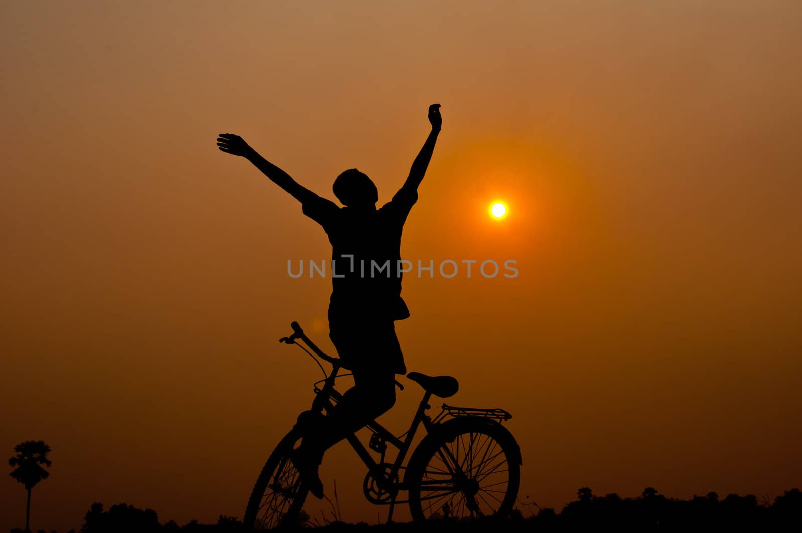 silhouette of boy happy with bicycle