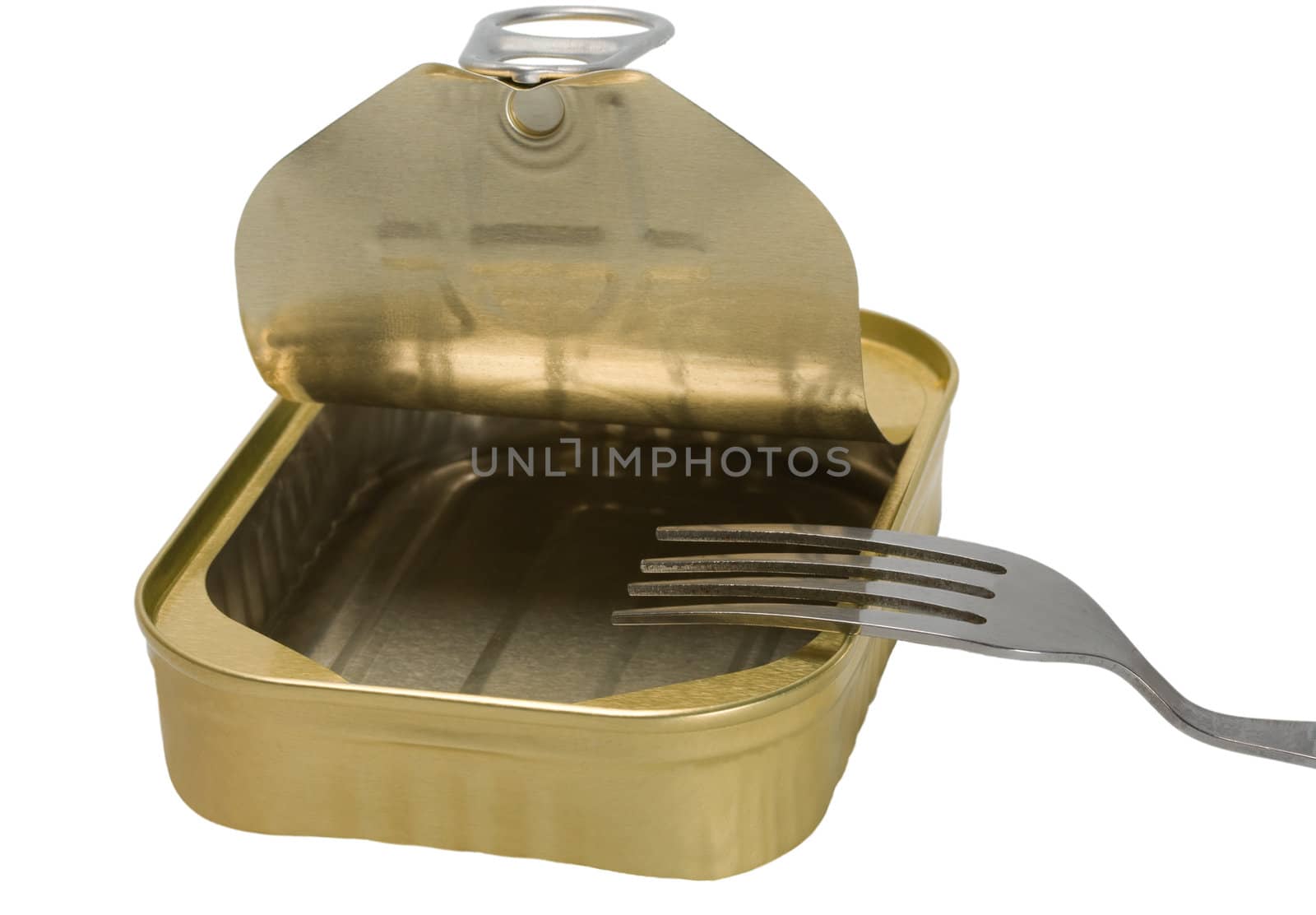 Opened food tin can and silver fork on white background