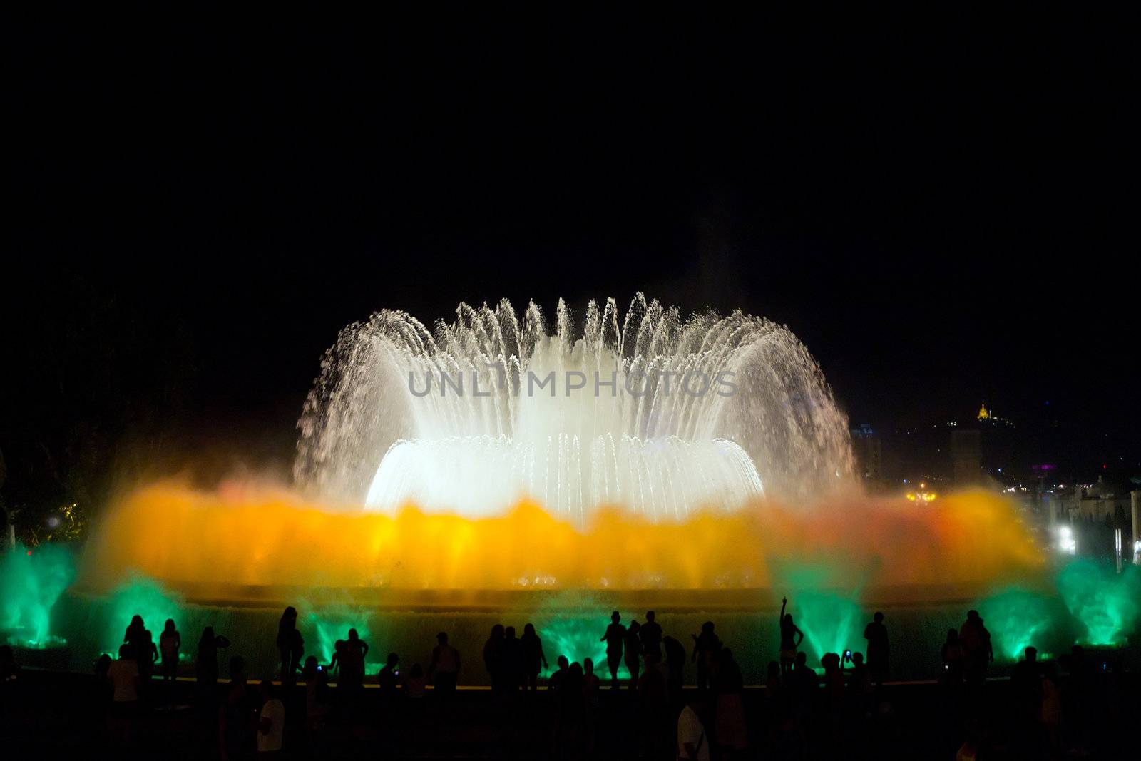 Fountain night show of Montjuic at Plaza Espanya in Barcelona