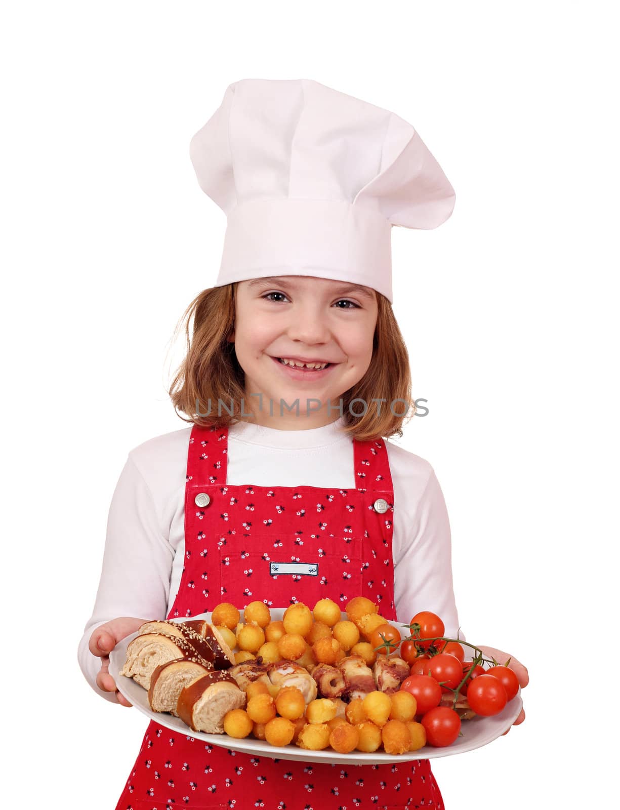 happy little girl cook hold plate with gourmet food by goce