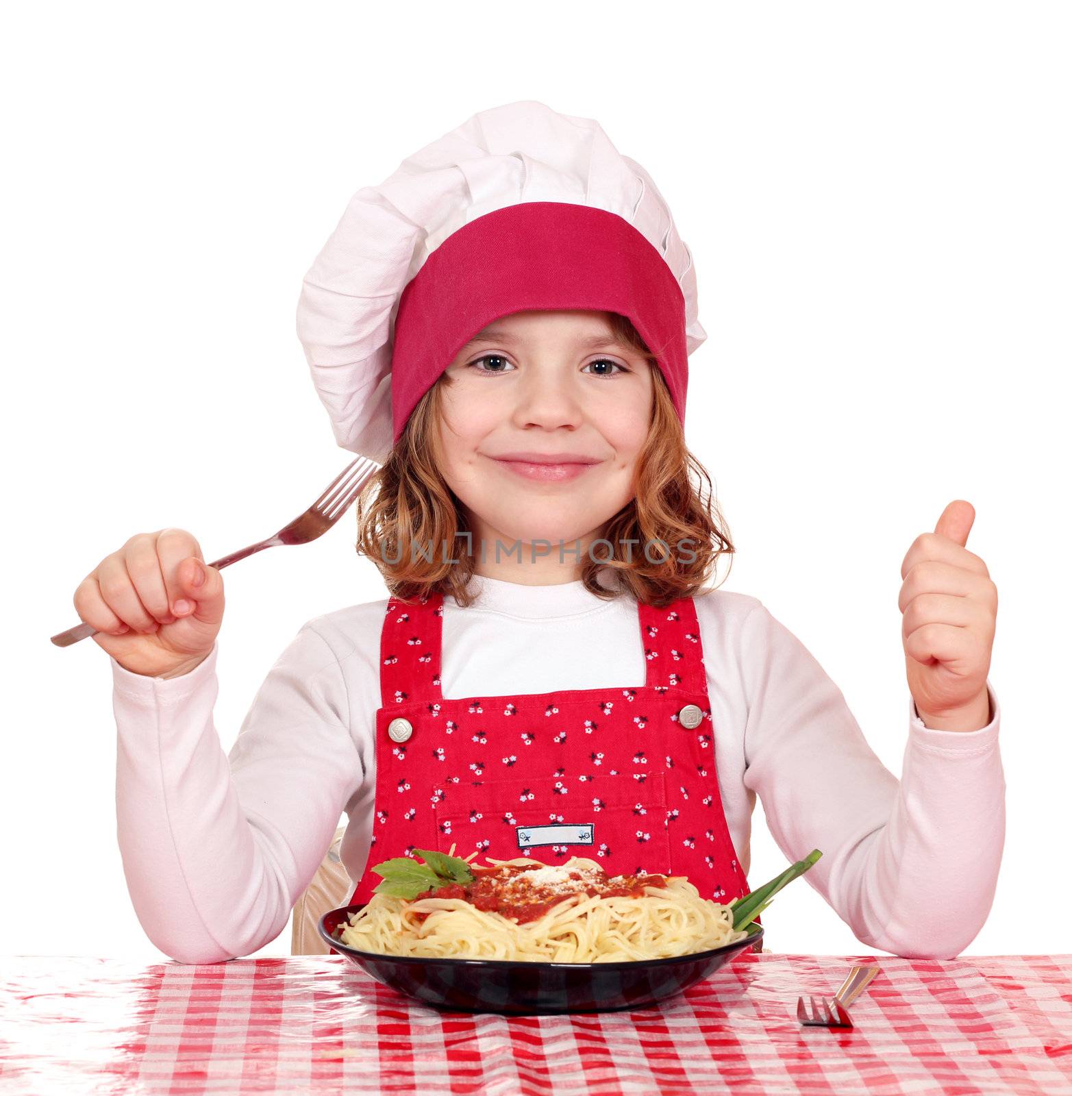 happy little girl cook with spaghetti by goce
