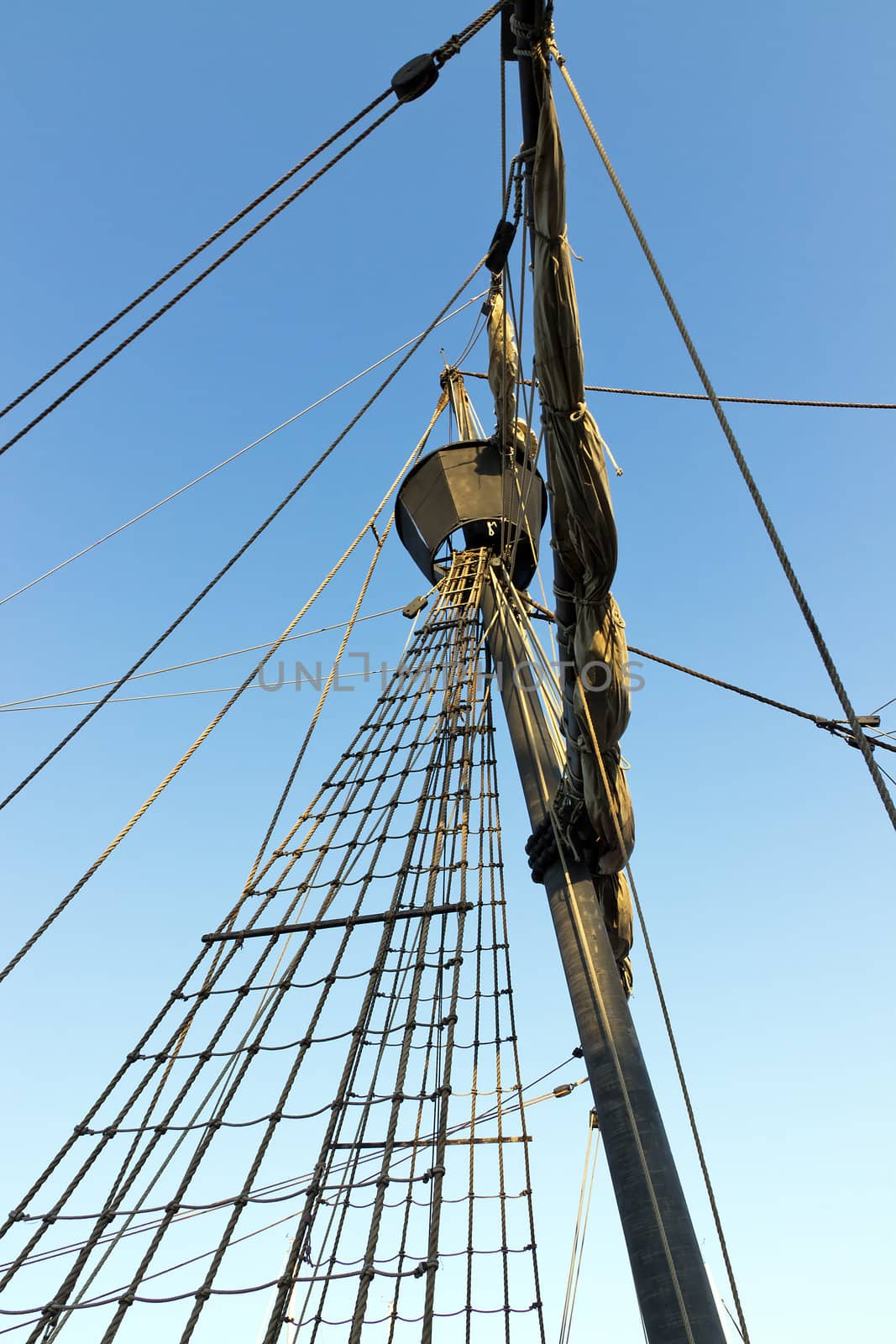 ship rigging on tall ship in front of sky background