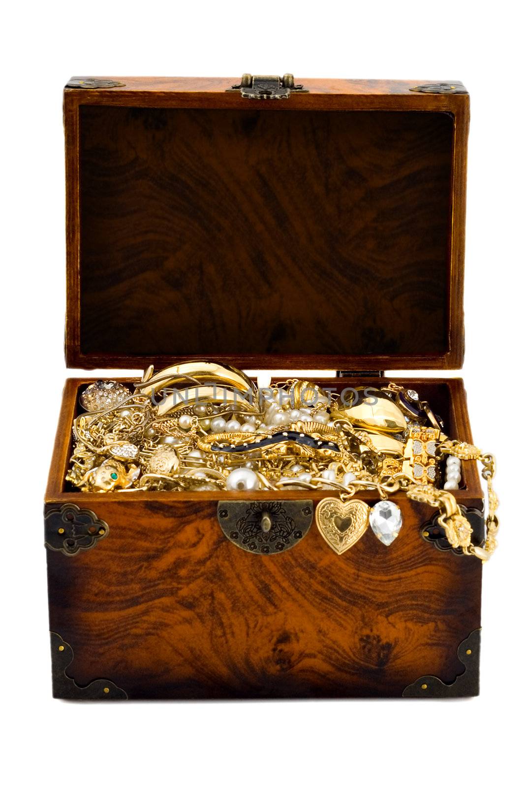 Open vintage treasure chest with gold on a white background