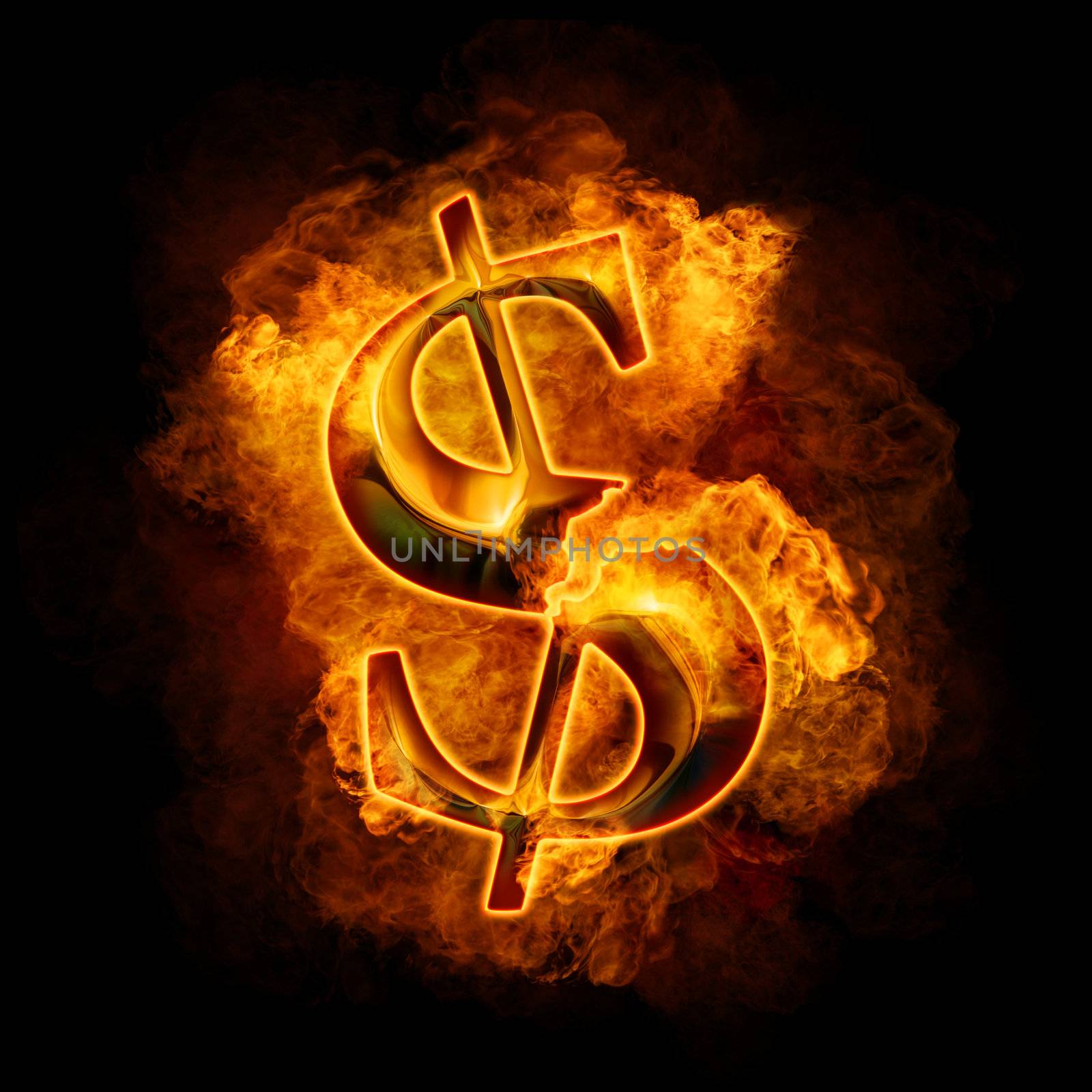 Financial crisis. Burning gold dollar