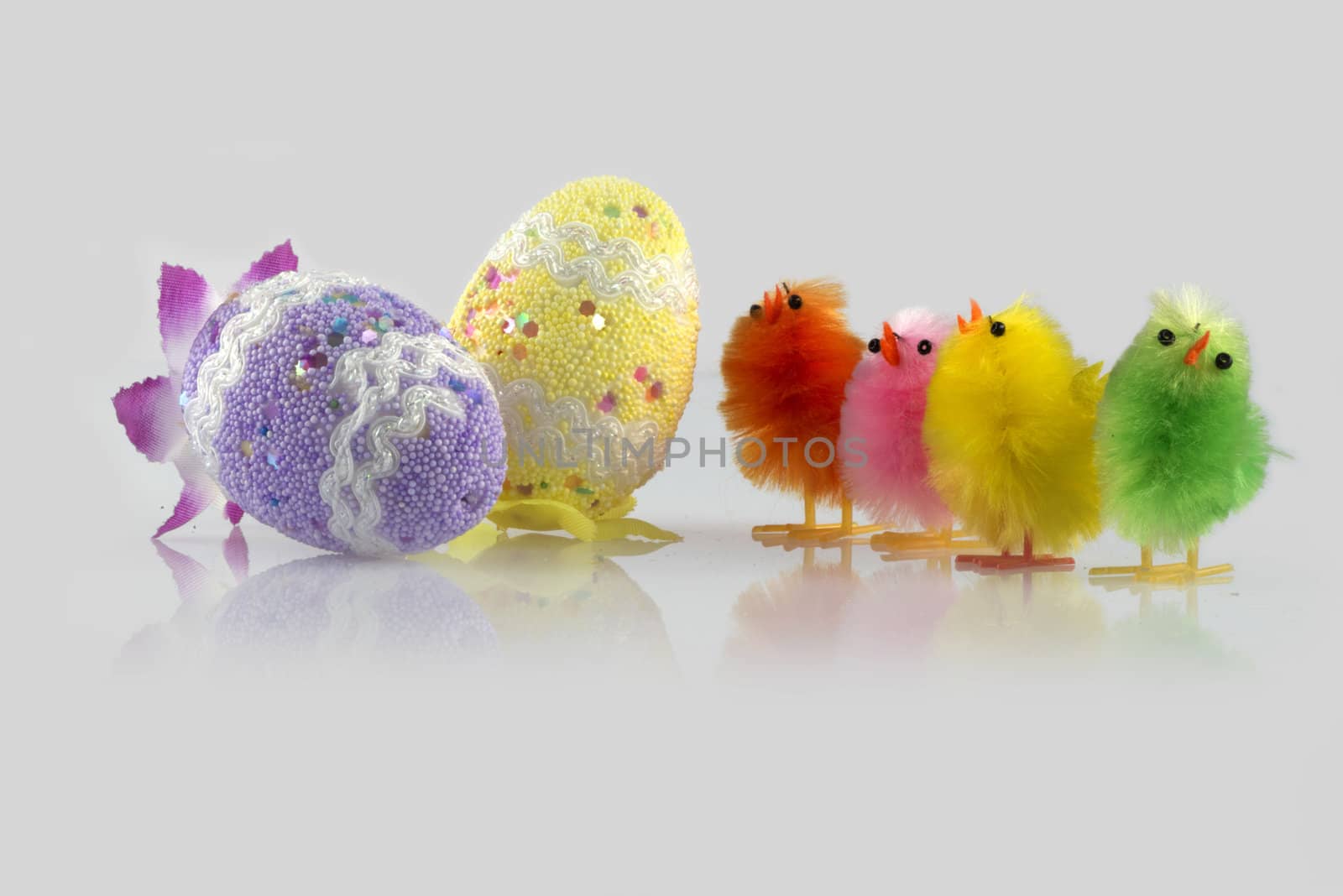 Four colour Easter chick and two eggs decorated in a light grey background