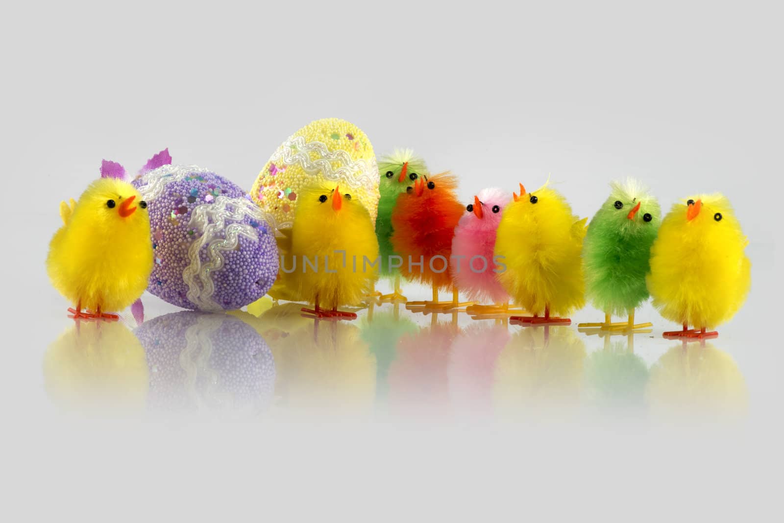 Coloured Easter chick and two eggs decorated in a light grey background