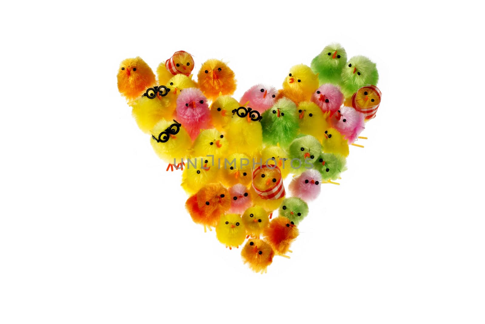 Heart shape formed by Multicolour group of Easter Chick, isolated on white 