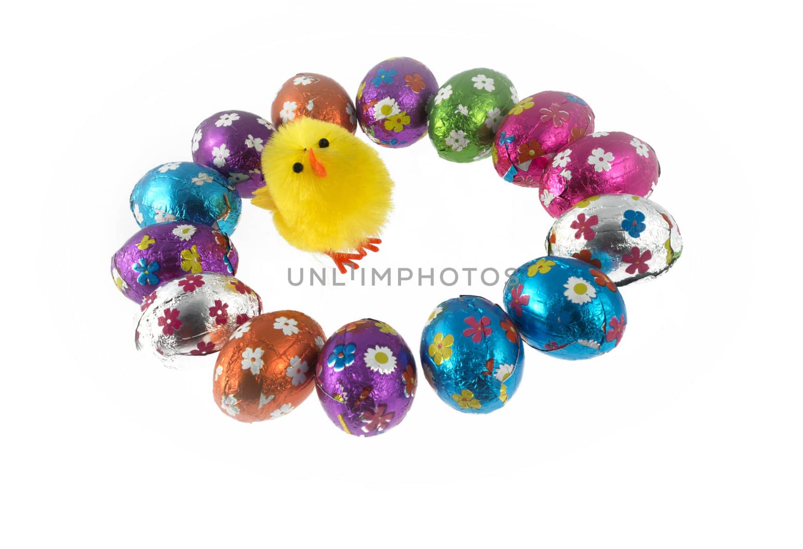 Easter chicks surrounded by Multi coloured chocolate eggs isolated on white