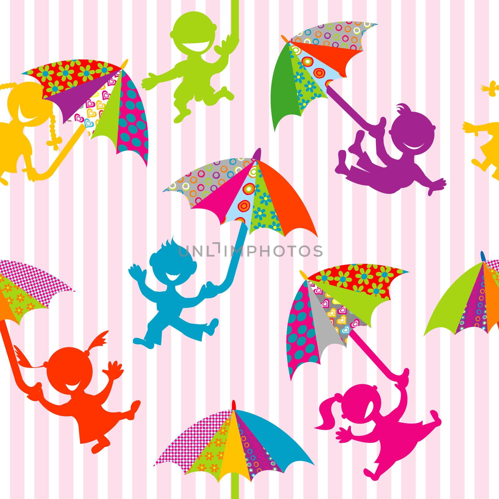 Children silhouettes with doodle umbrellas