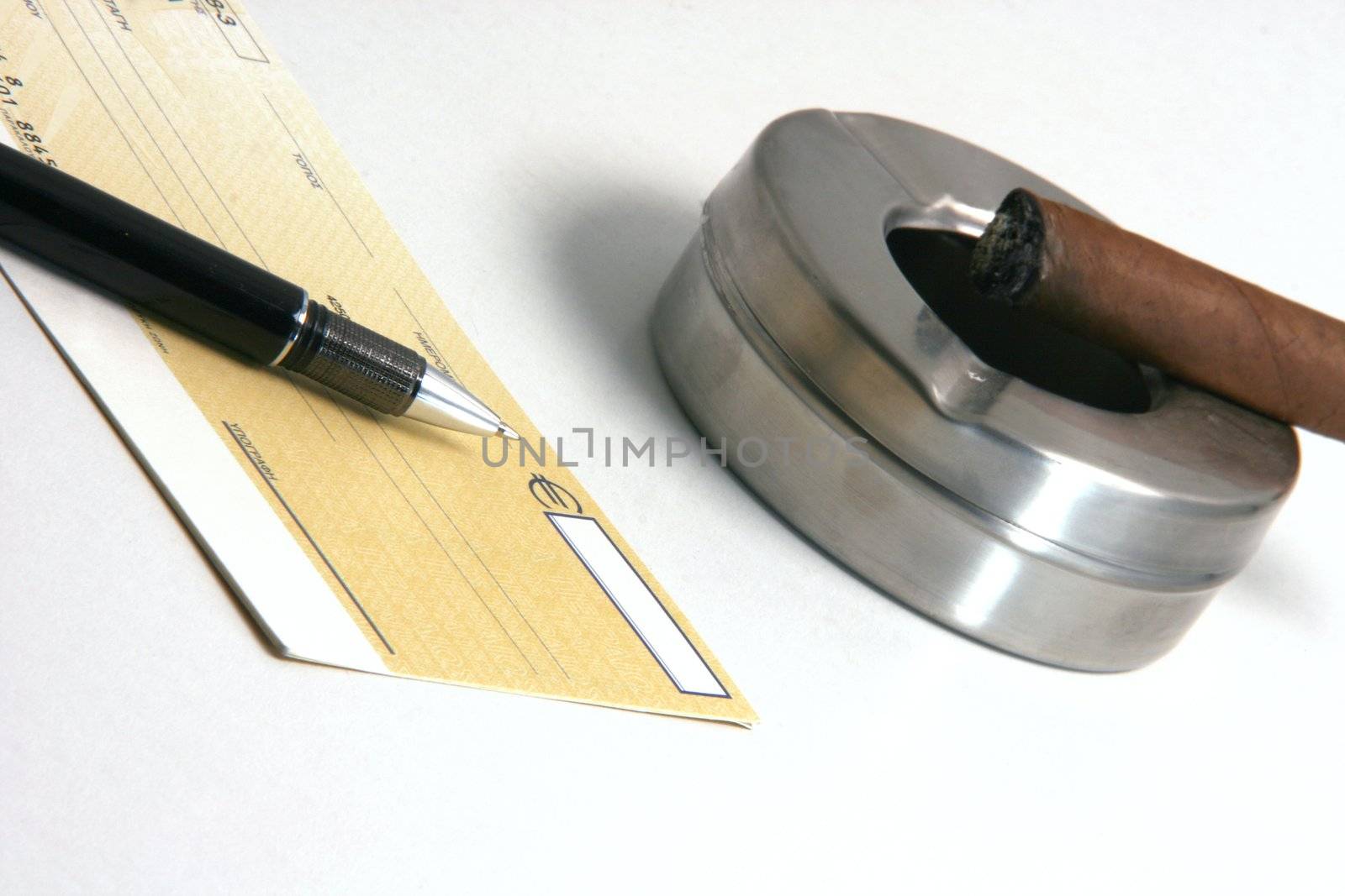 business deal money check and cigar in white background