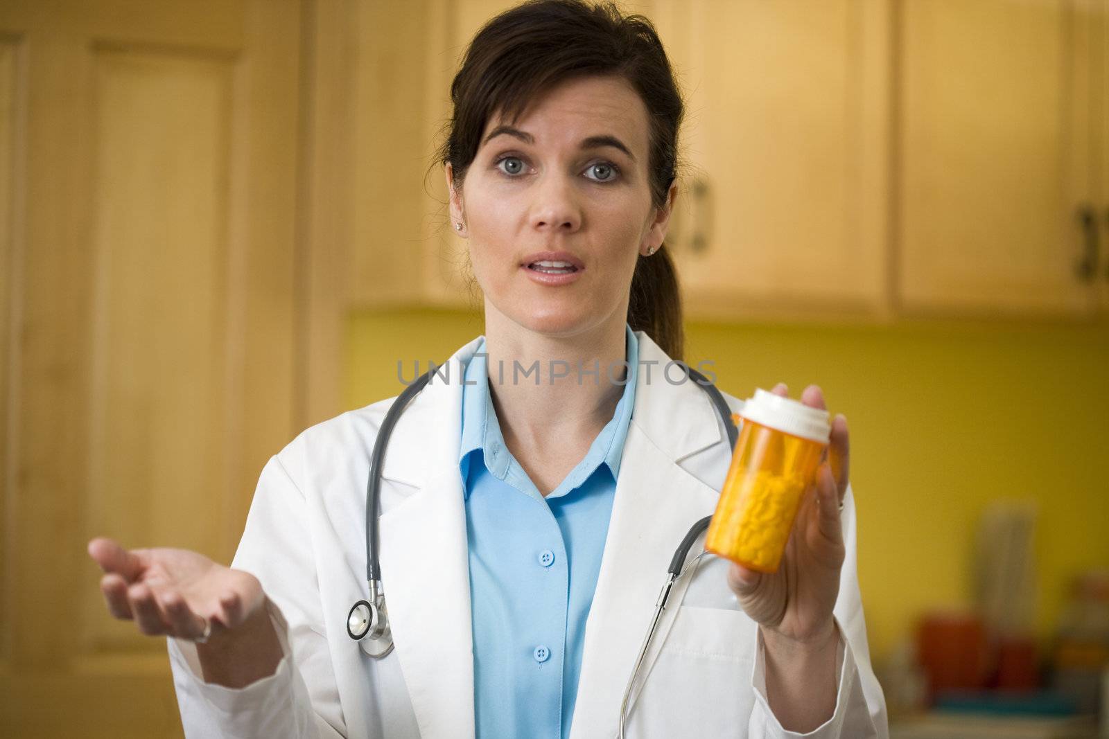 Woman doctor explaining prescription medication to the camera