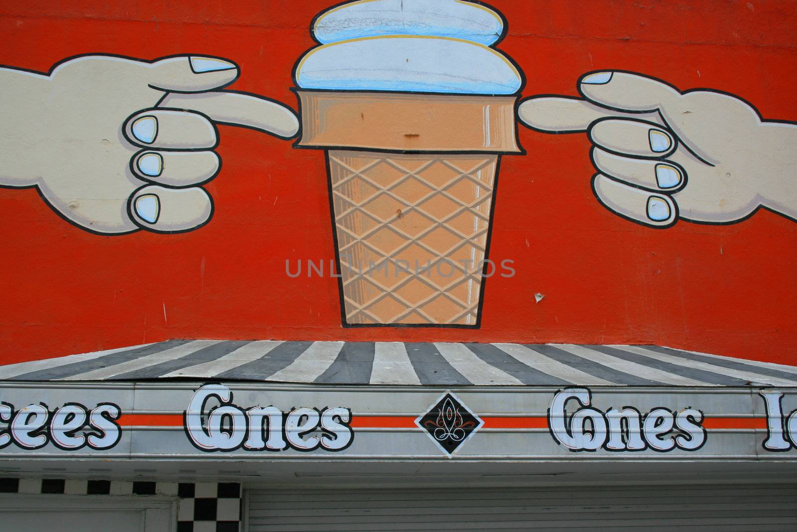 Close up of an ice cream sign on a candy store.
