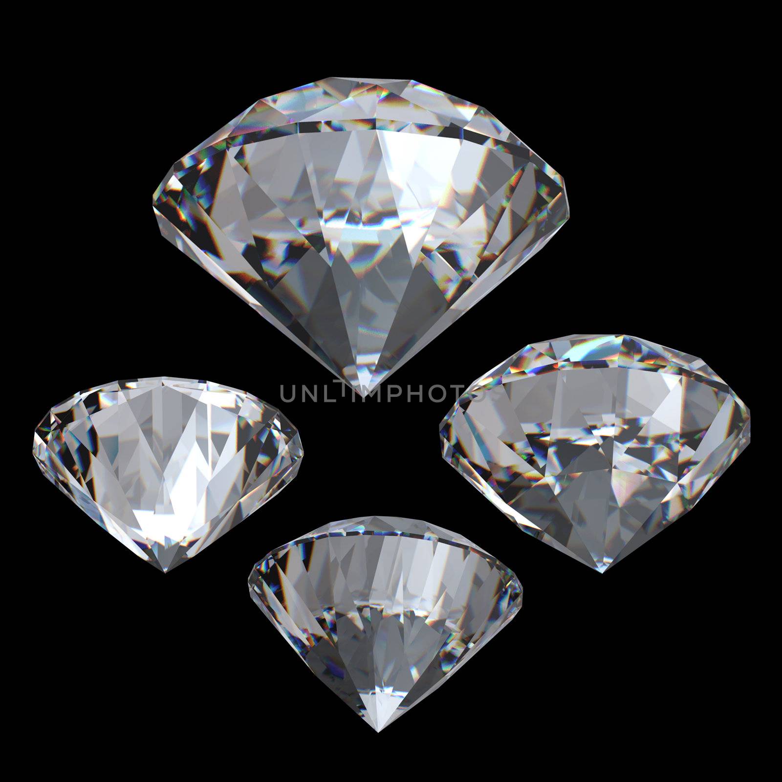 Round brilliant cut diamond perspective isolated on black background