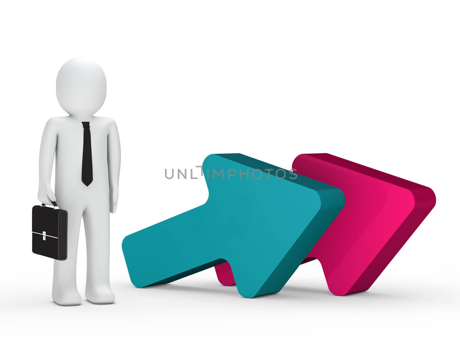 business man with briefcase stand next arrow
