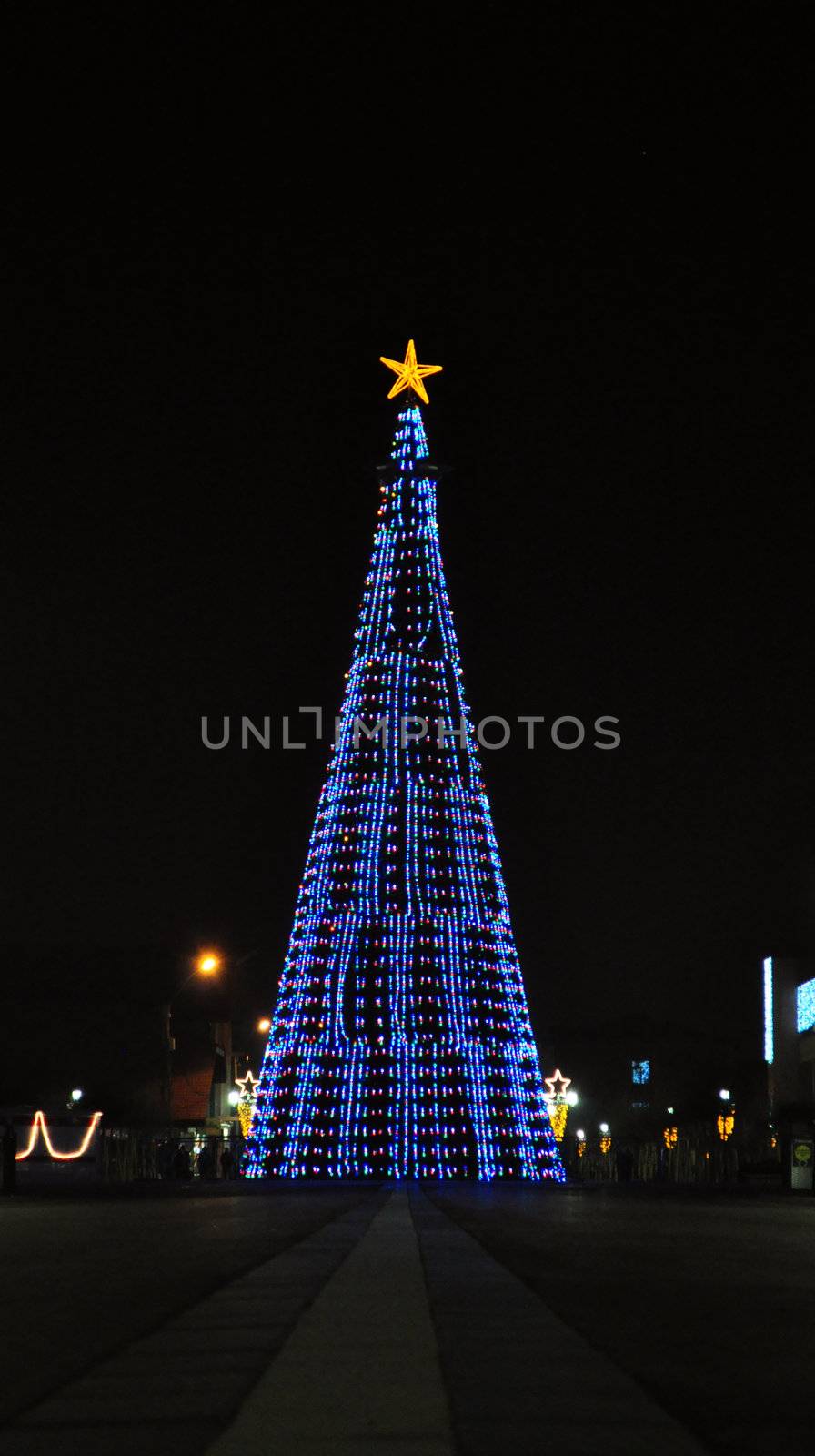 Huge Christmas tree in the drobeta turnu severin city centre shoot in the night