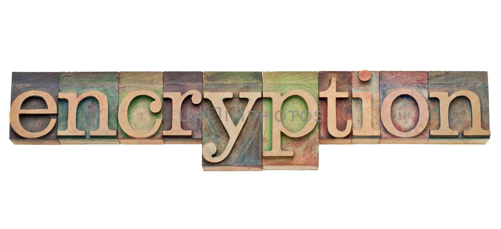 encryption - computer network security concept - isolated text in vintage wood letterpress printing blocks, stained by color inks