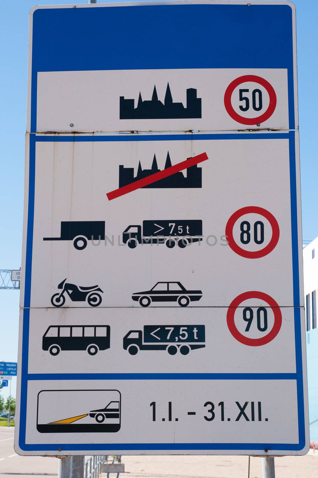 Speed limit and informations sign right at the border in Ferry Port