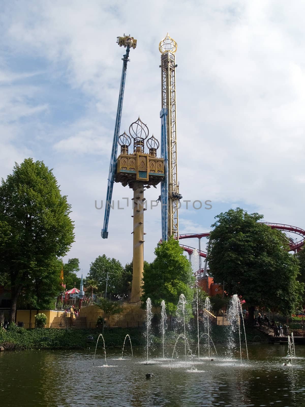 Free fall tower ride in Tivoli Gardens amusement park Copenhagen Denmark