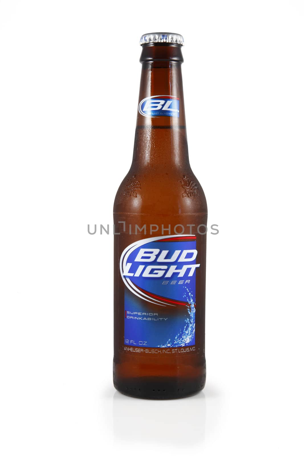 An isolated studio shot of a bottle of Bud Light Beer.
