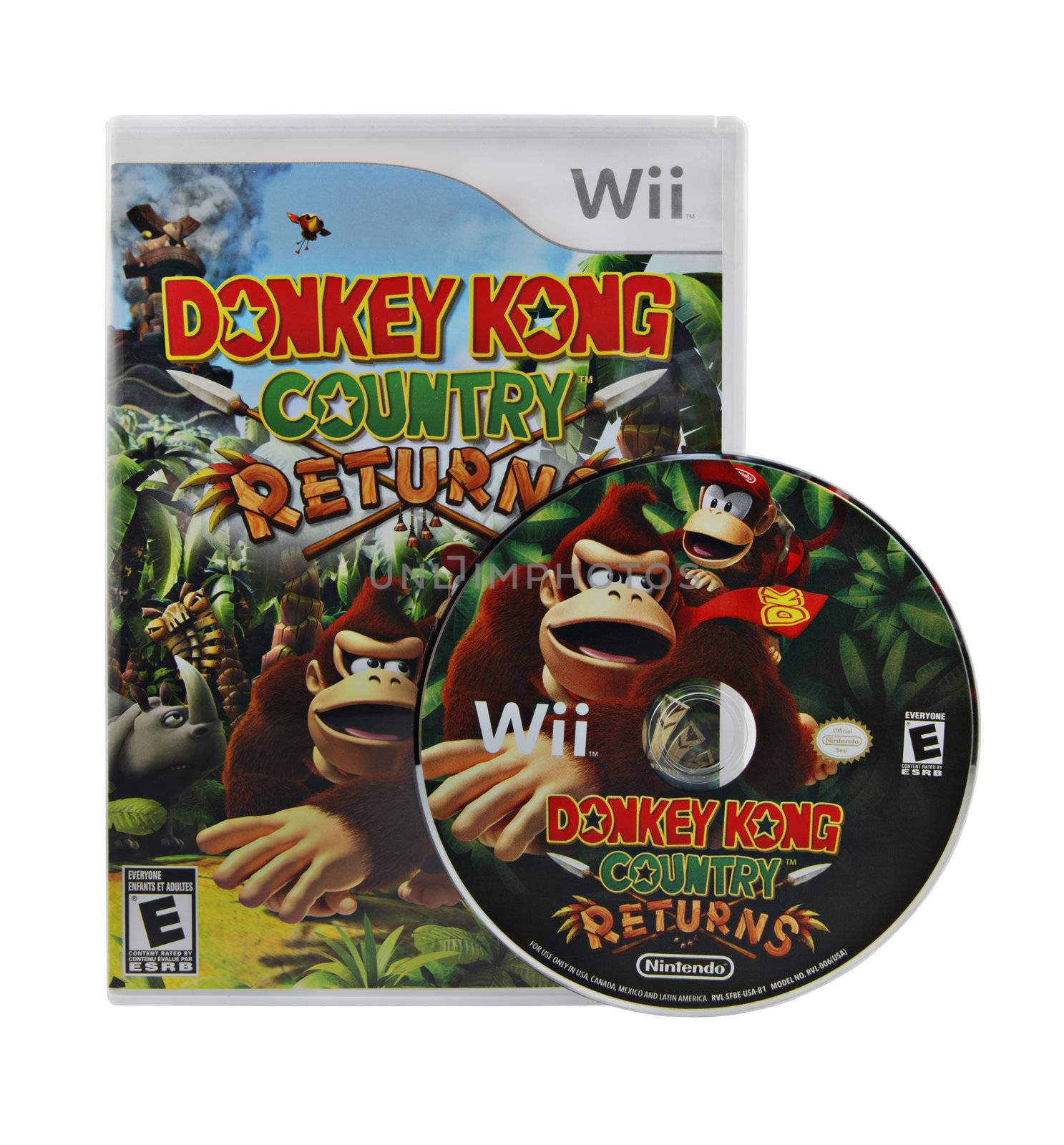 A studio shot on a white background of the popular Nintendo Wii video game Donkey Kong Country Returns.