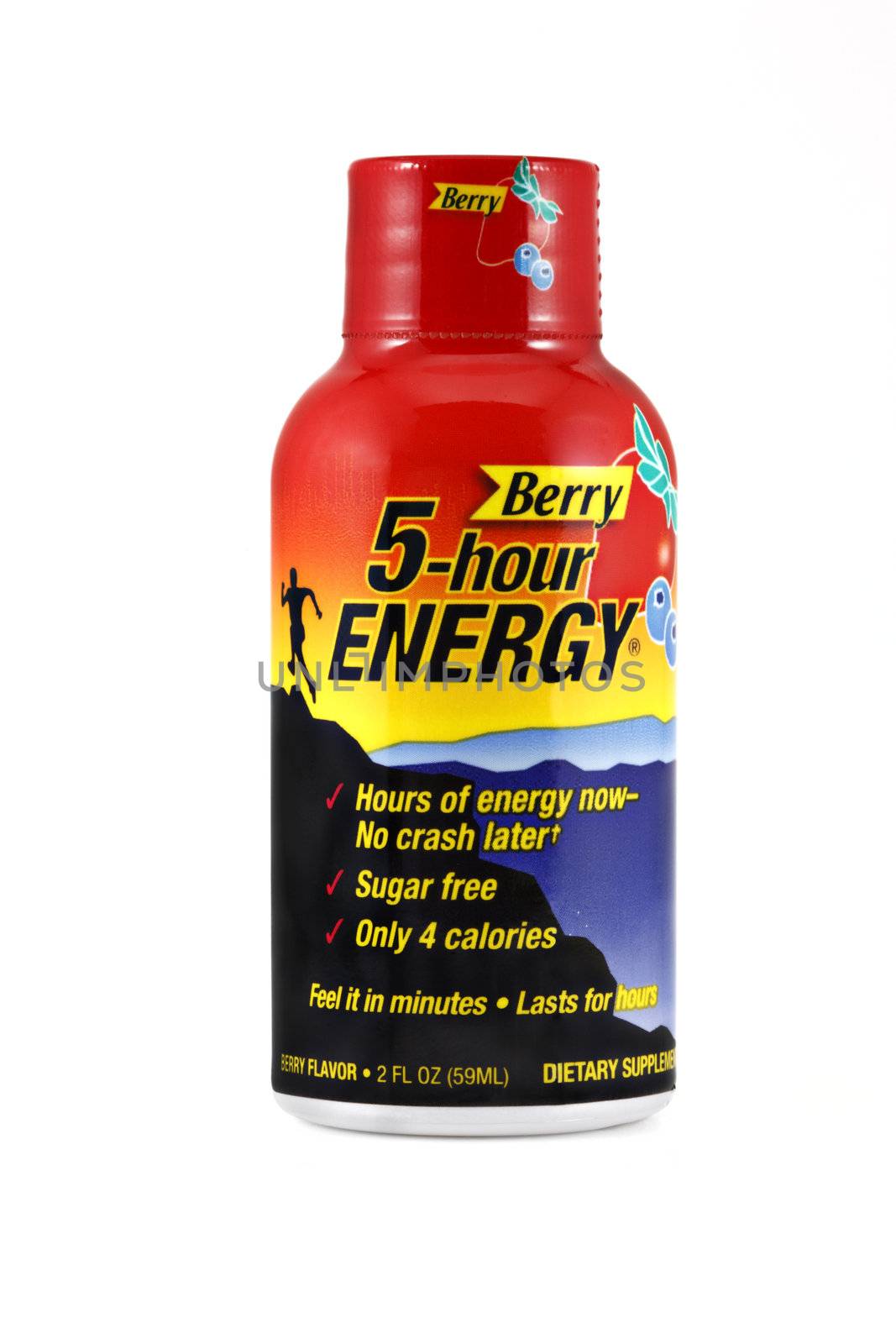 An isolated studio shot of a single shot of Berry flavored 5-hour Energy. 5-hour energy is a liquid energy shot that can help you feel sharp and alert for hours containing a blend of B-vitamins, amino acids, and nutrients. 