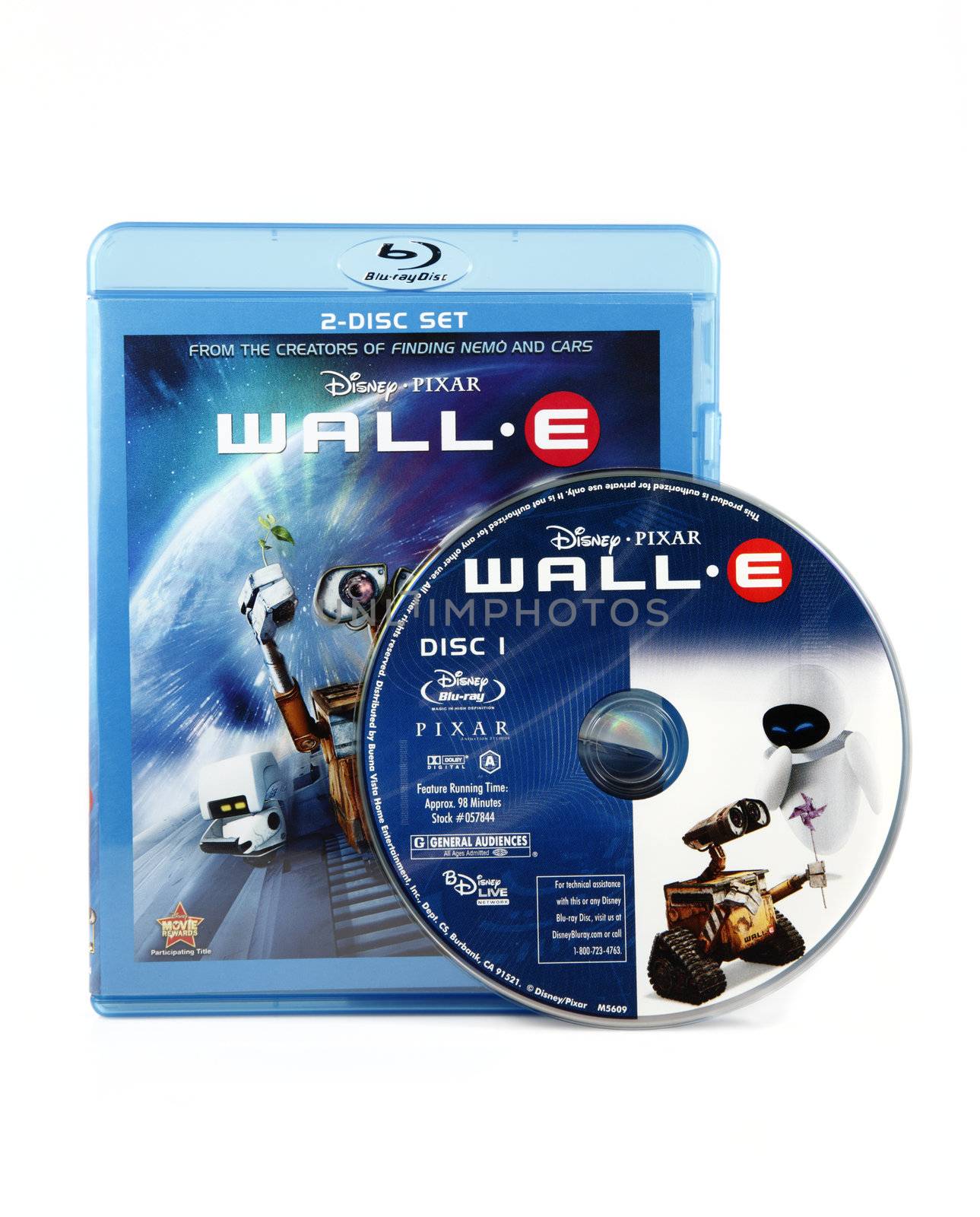 An isolated studio shot of the Wall-E Blue-ray box art and DVD