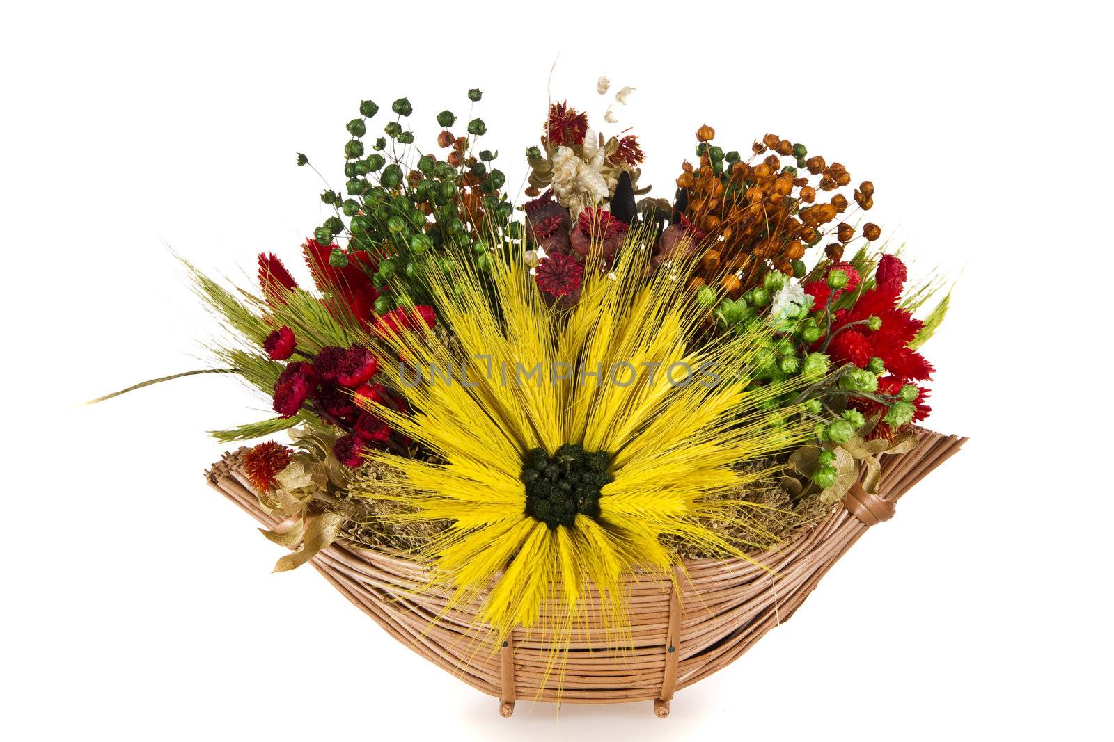 Composition of dried flowers and wheat - isolated 