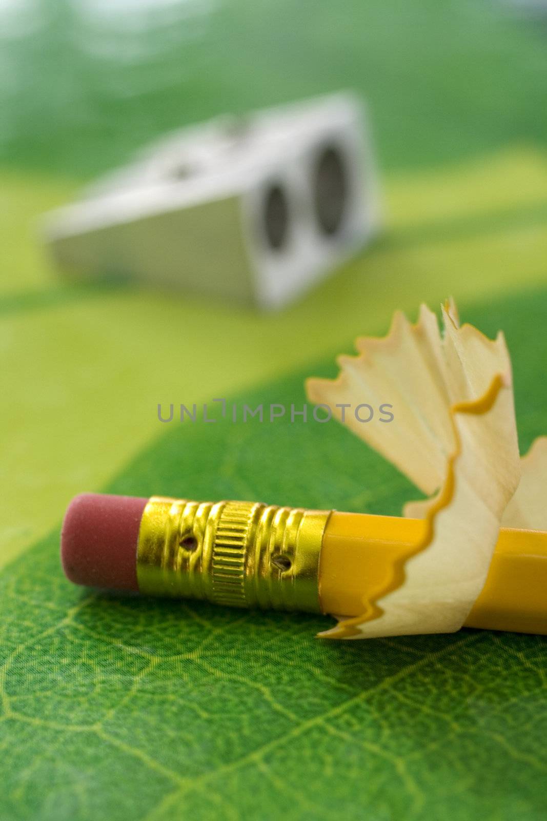 Pencil sharpner and pencil on green texture