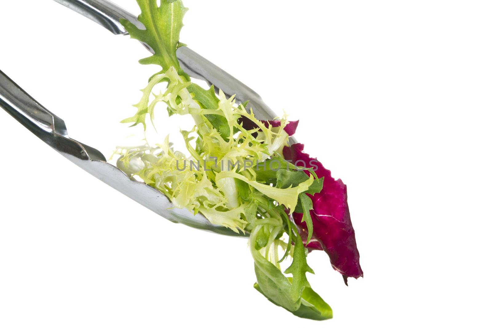 Tongs with salad leaves isolated over white background