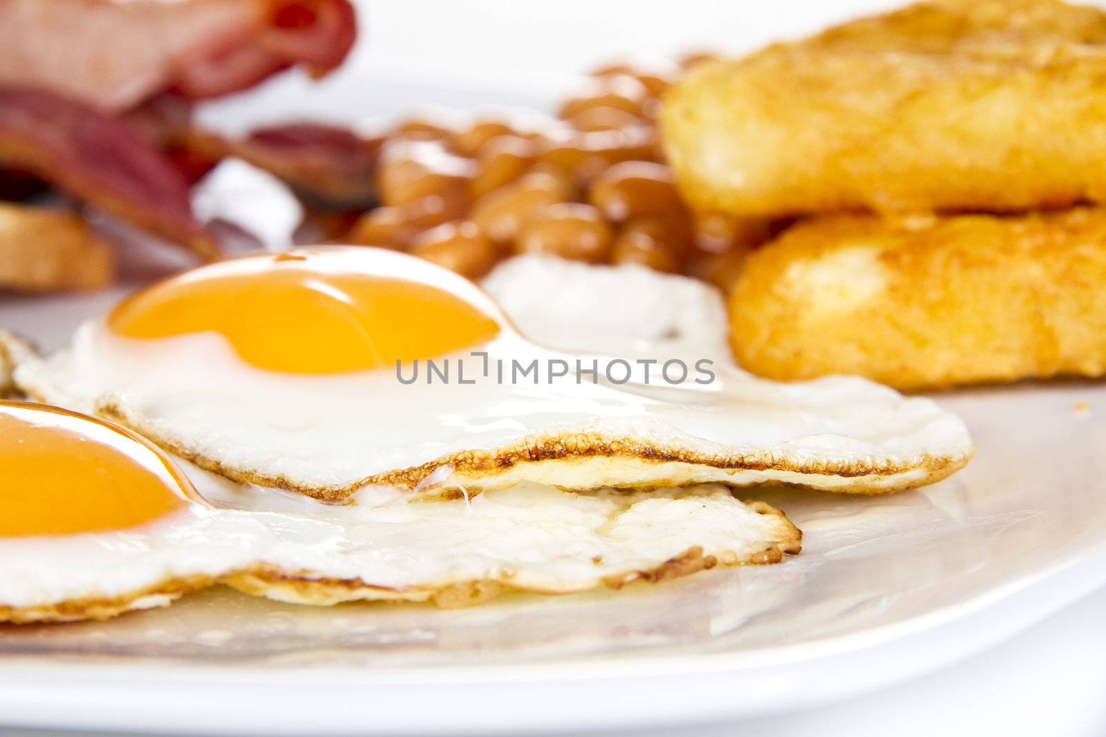 Breakfast with eggs bacon beans and hash browns