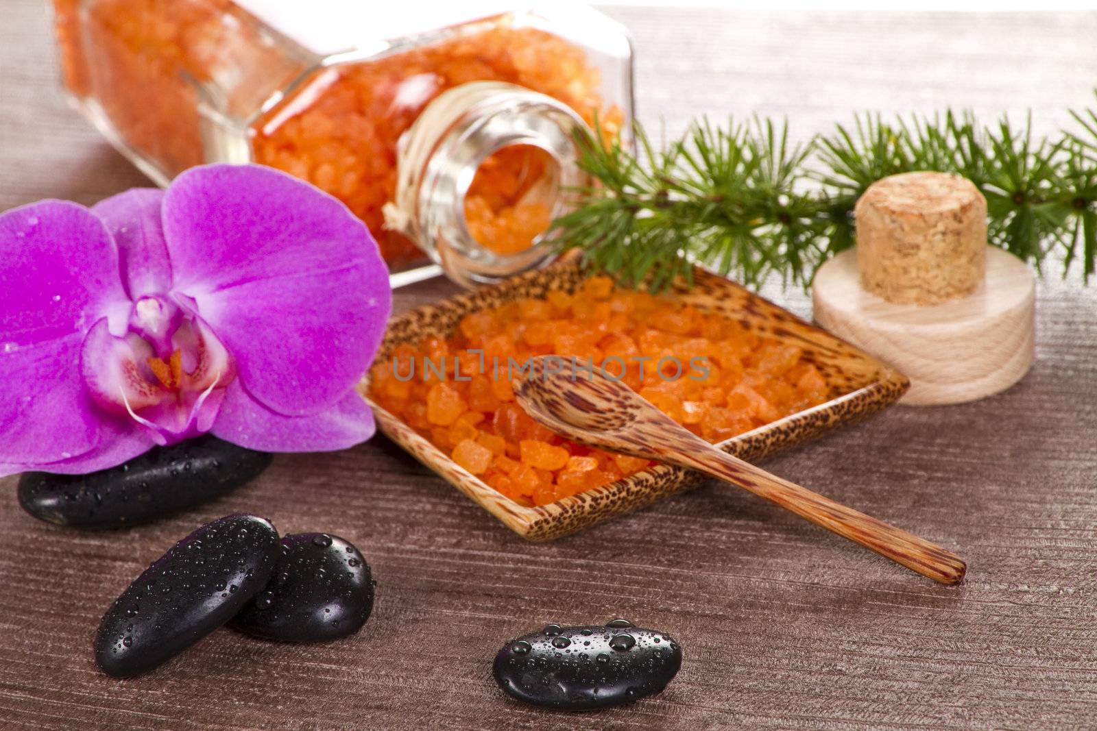 Spa Concept - Zen Stones With Pink Orchid and Relaxing Salt